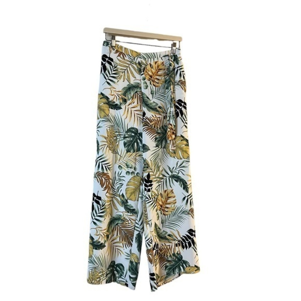 J.O.A. tropical print wide leg pant w/ self tie, monstera white green yellow